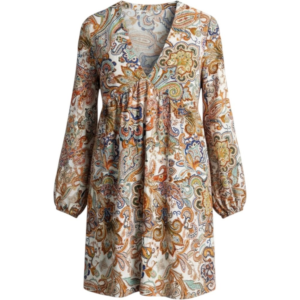 Paisley Babydoll Dress Womens Large Multicolor Excellent Boho Tiered V-Neck